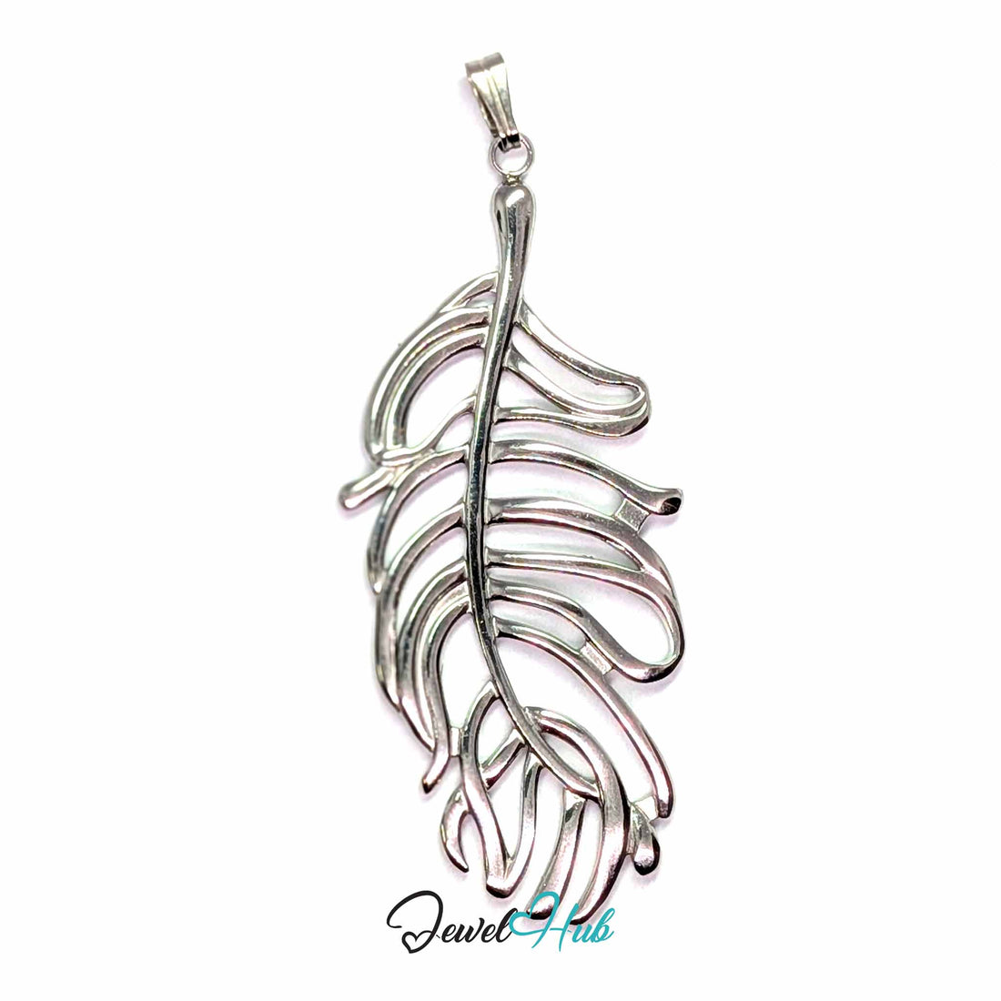 Silver Feather Leaf pendant in silver-tone stainless steel - front view - JewelHub