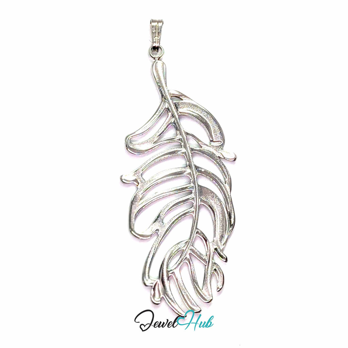 Silver Feather Leaf pendant in silver-tone stainless steel - back view - JewelHub