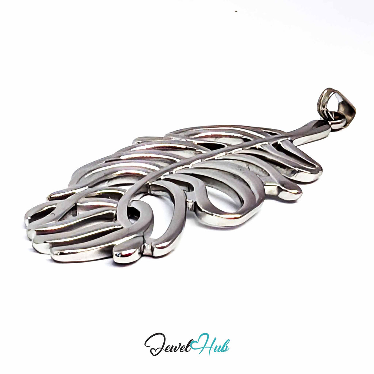 Silver Feather Leaf pendant in silver-tone stainless steel - close-up detail - JewelHub