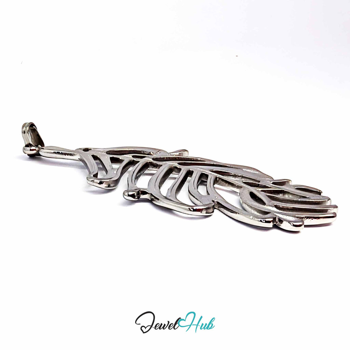 Silver Feather Leaf pendant in silver-tone stainless steel - angled close-up - JewelHub