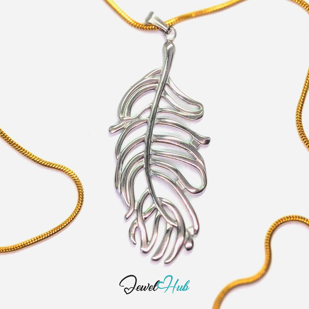 Silver Feather Leaf pendant in silver-tone stainless steel - on a gold-tone stainless steel chain - JewelHub