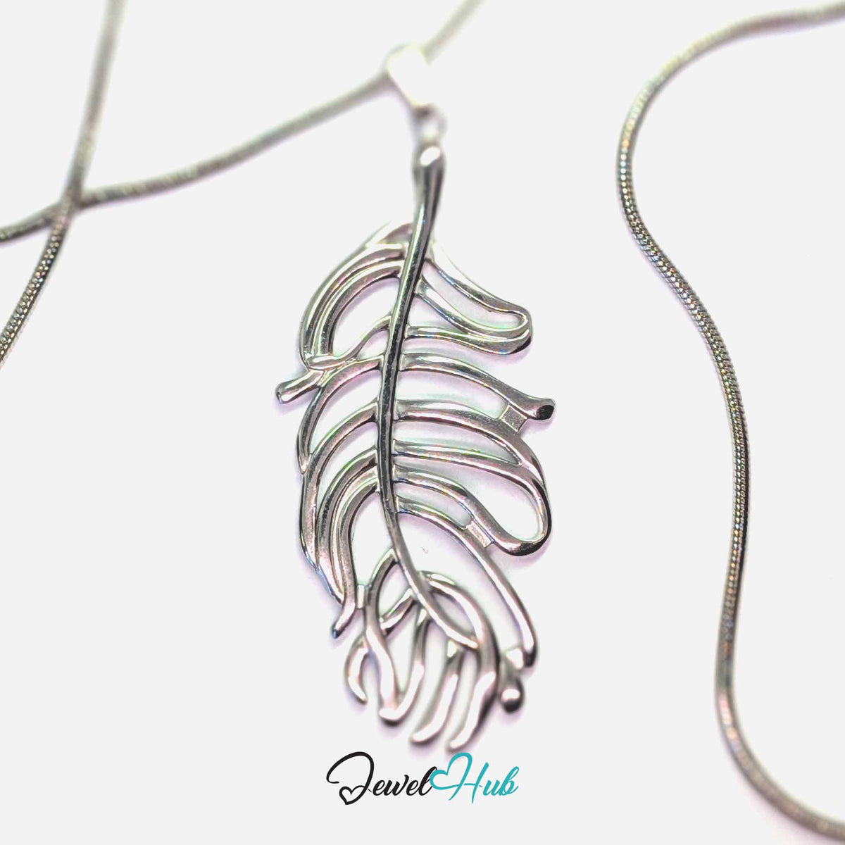 Silver Feather Leaf pendant in silver-tone stainless steel - on a silver-tone stainless steel chain - JewelHub