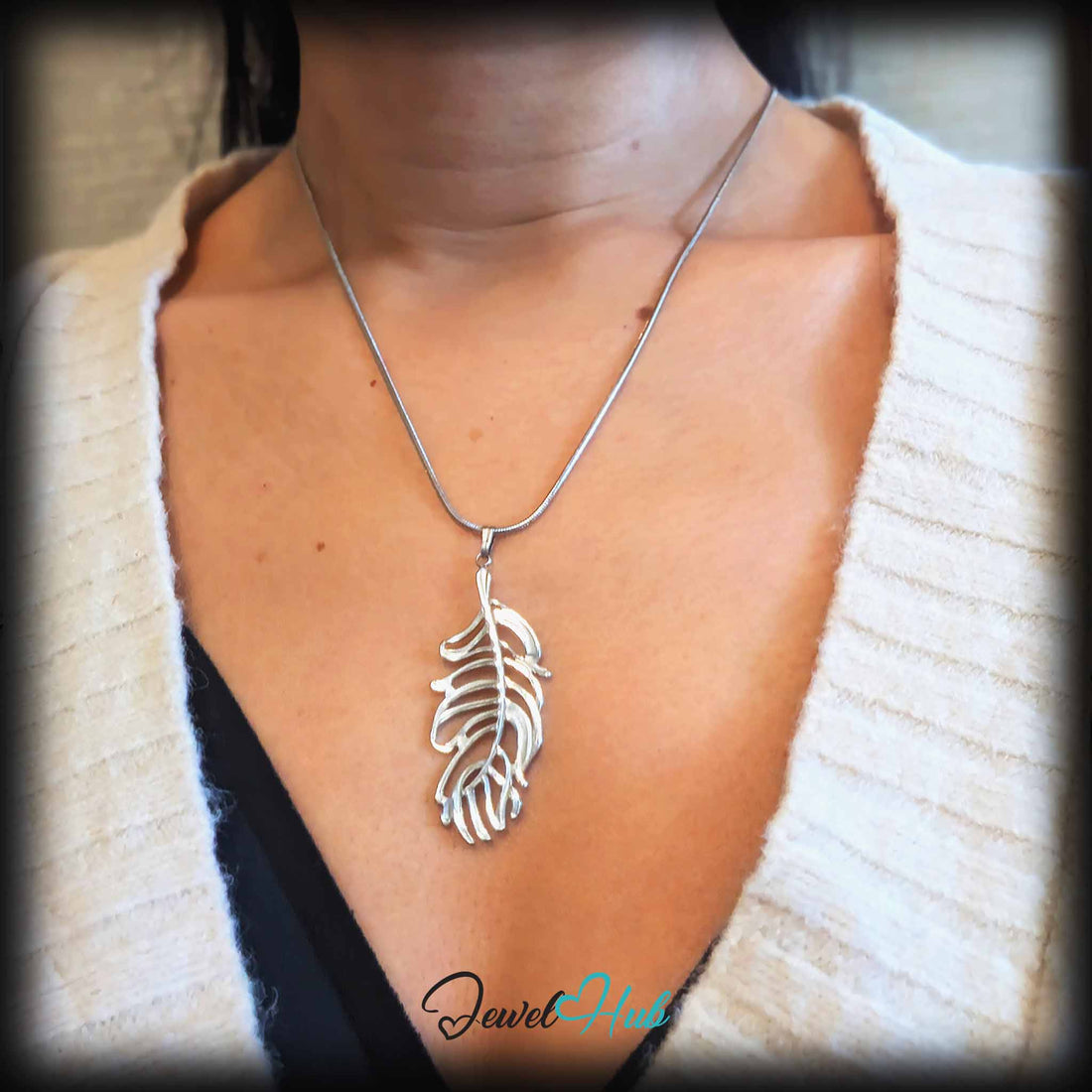 Silver Feather Leaf pendant in silver-tone stainless steel - front view - JewelHub