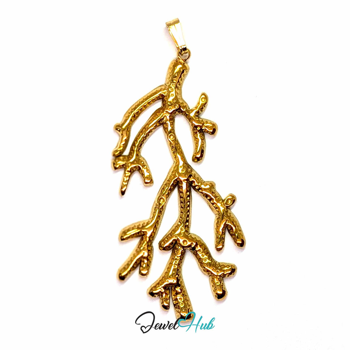 Gold Coral Seaweed pendant in gold-tone stainless steel - front view - JewelHub