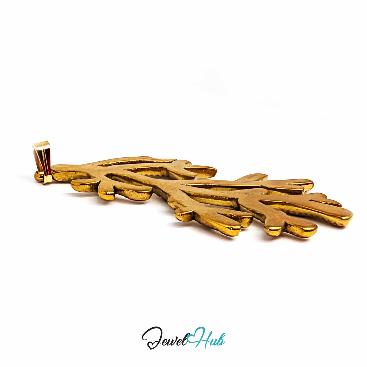 Gold Coral Seaweed pendant in gold-tone stainless steel - angled close-up - JewelHub