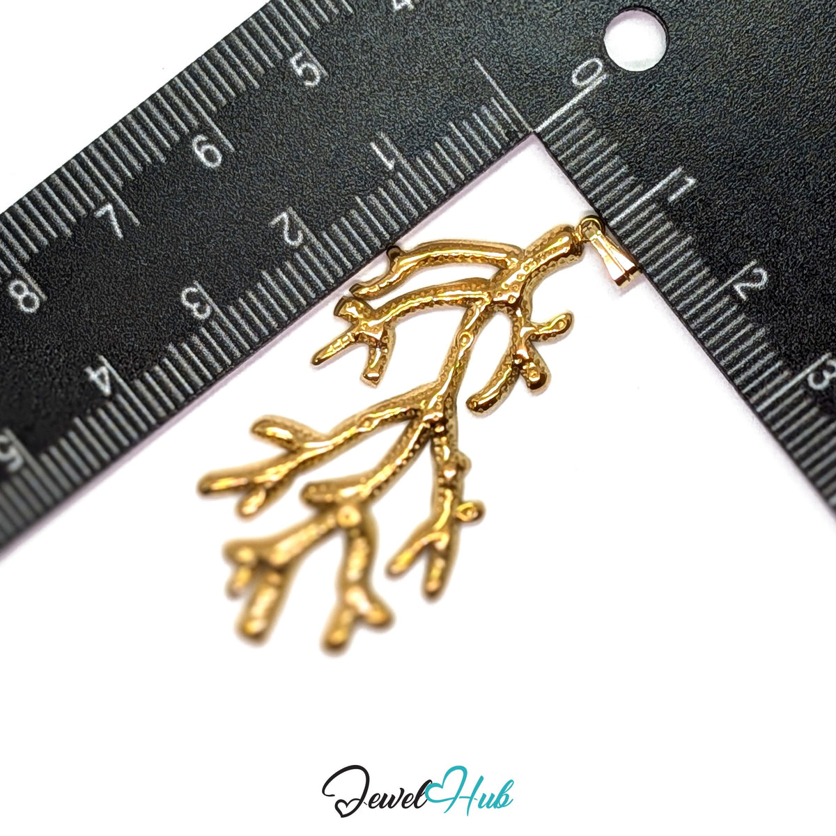 Gold Coral Seaweed pendant in gold-tone stainless steel - measurement with ruler - JewelHub