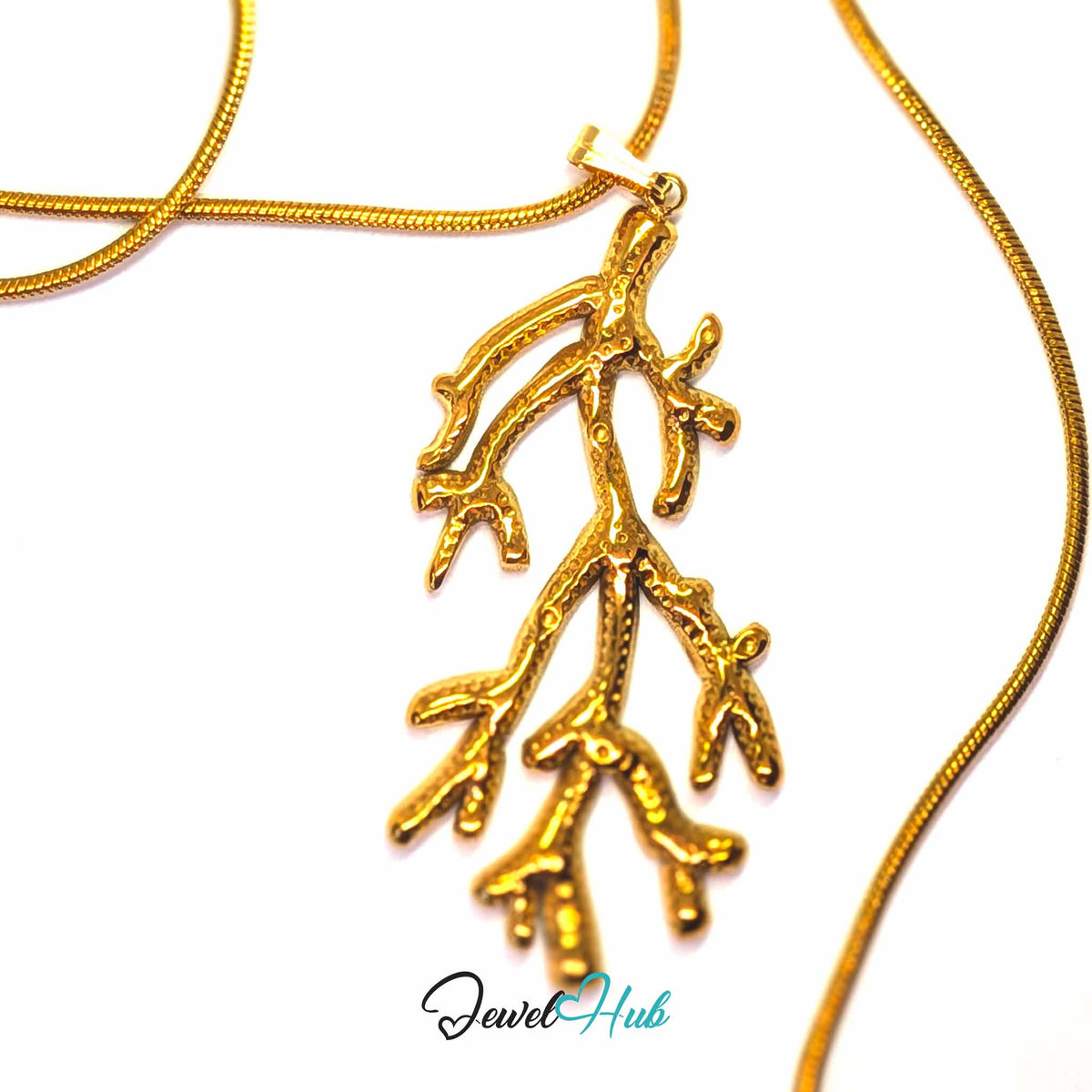 Gold Coral Seaweed pendant in gold-tone stainless steel - on a gold-tone stainless steel chain - JewelHub