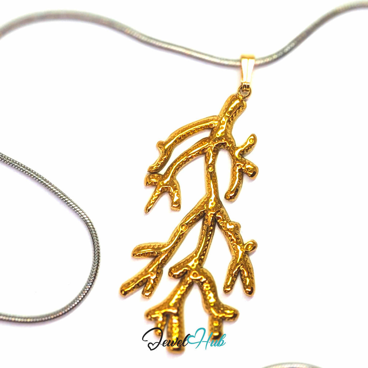 Gold Coral Seaweed pendant in gold-tone stainless steel - on a silver-tone stainless steel chain - JewelHub