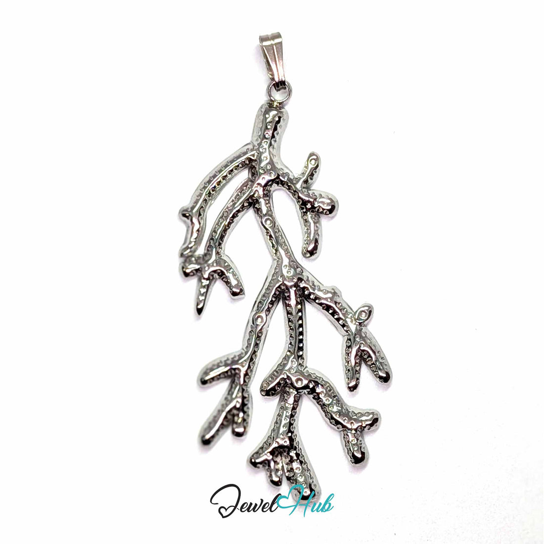 Silver Coral Seaweed pendant in silver-tone stainless steel - front view - JewelHub