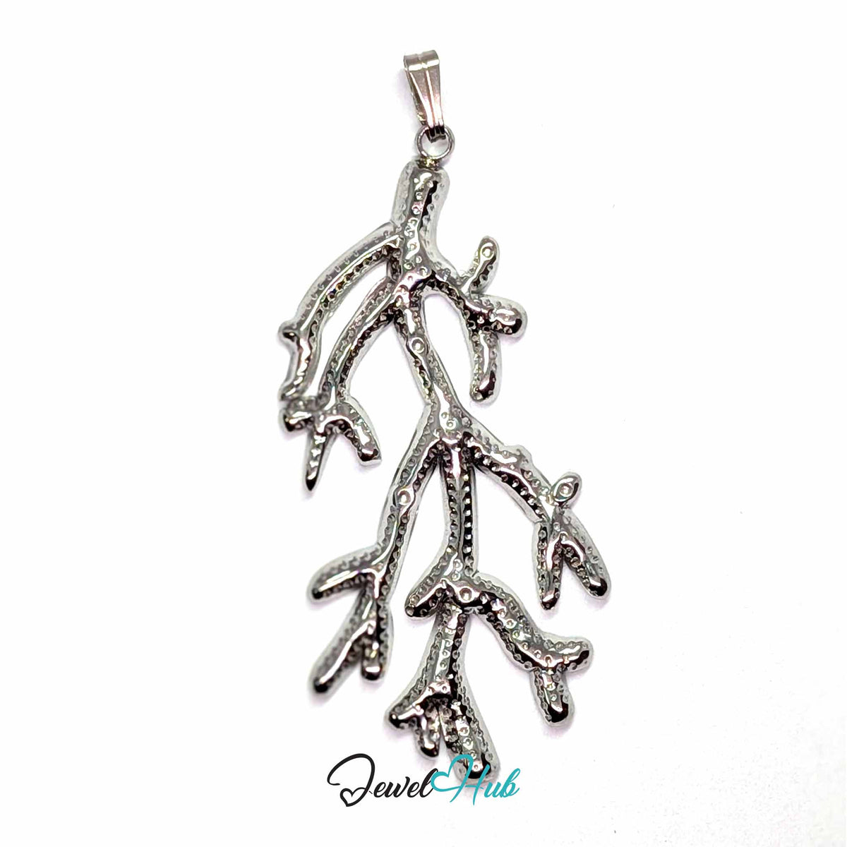 Silver Coral Seaweed pendant in silver-tone stainless steel - front view - JewelHub