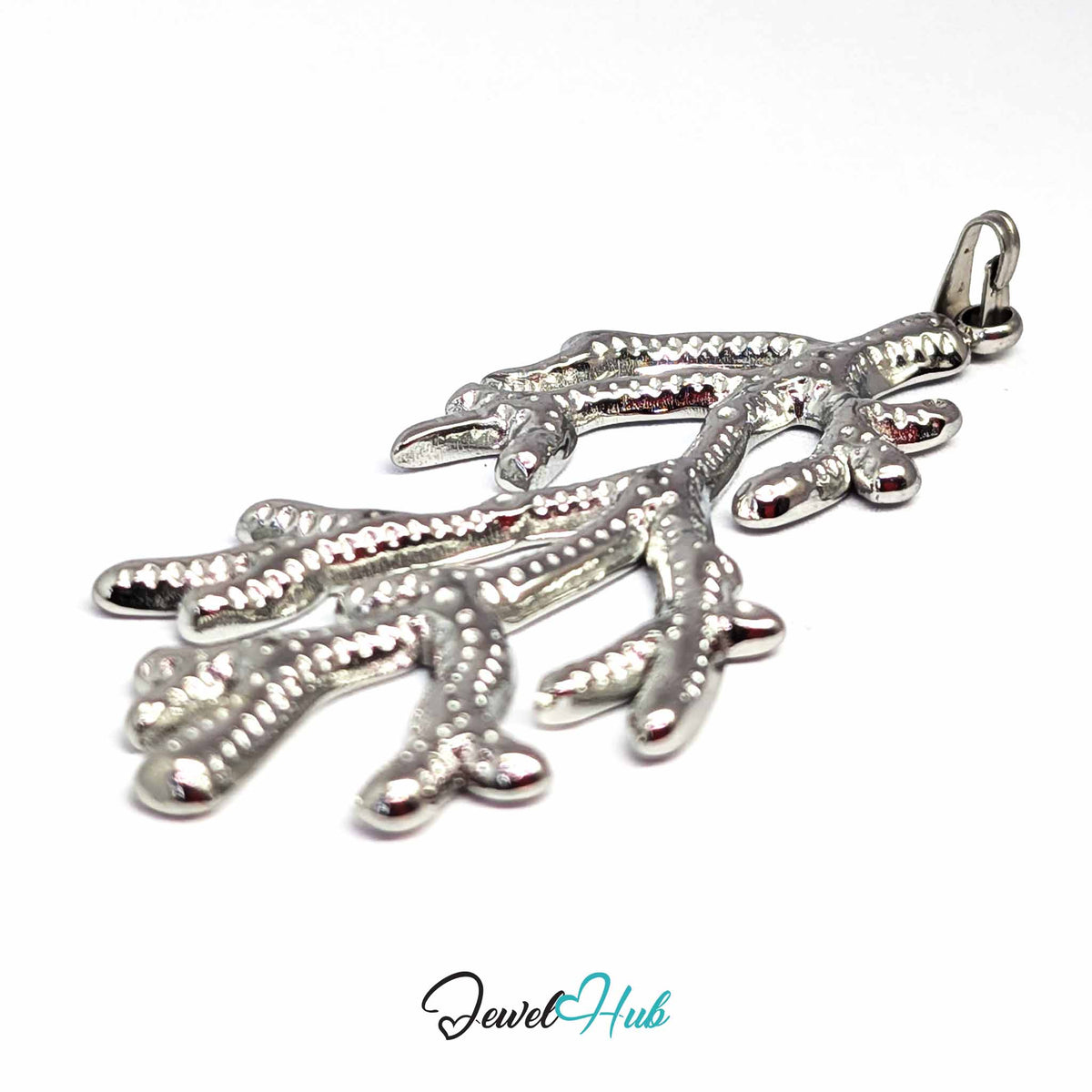 Silver Coral Seaweed pendant in silver-tone stainless steel - close-up detail - JewelHub