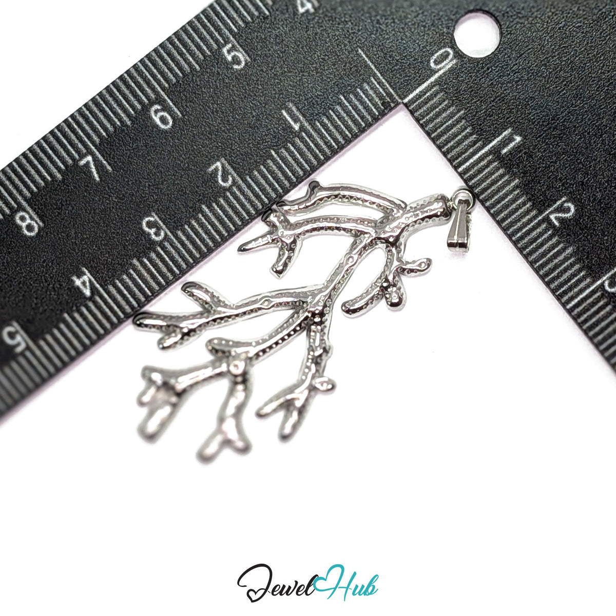 Silver Coral Seaweed pendant in silver-tone stainless steel - measurement with ruler - JewelHub
