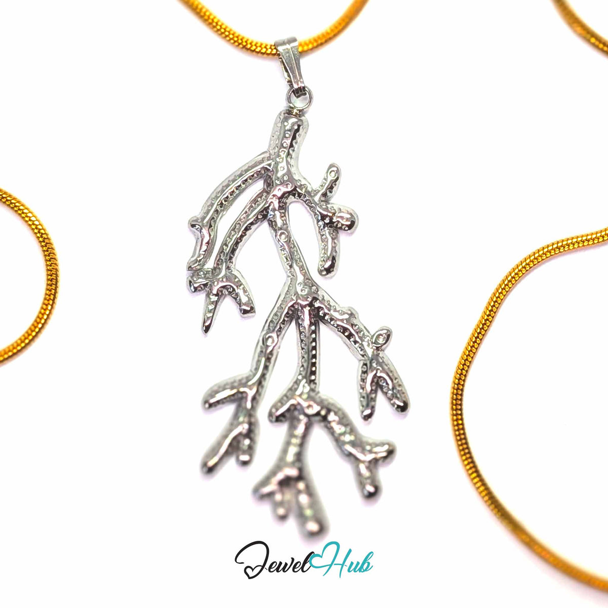 Silver Coral Seaweed pendant in silver-tone stainless steel - on a gold-tone stainless steel chain - JewelHub