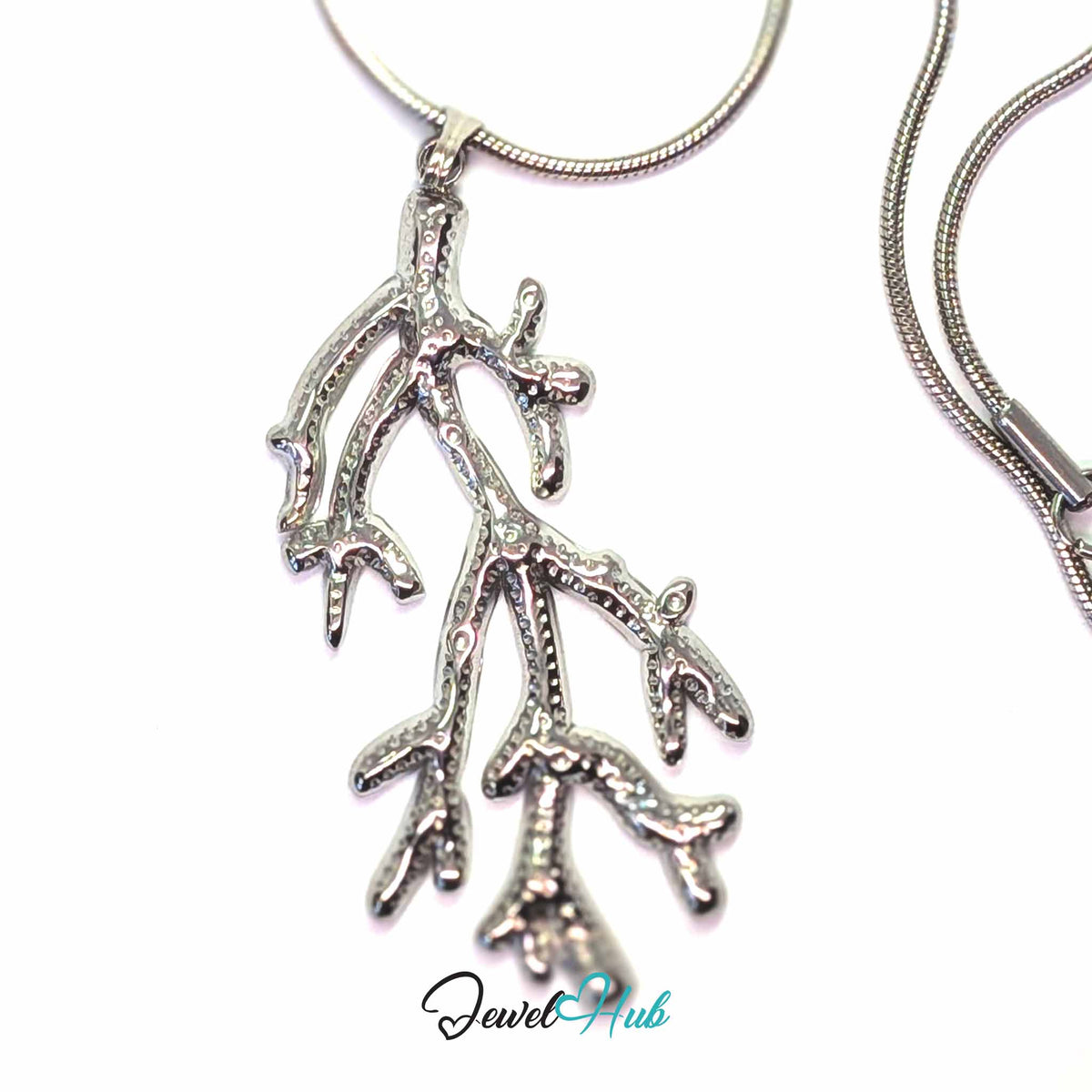 Silver Coral Seaweed pendant in silver-tone stainless steel - on a silver-tone stainless steel chain - JewelHub