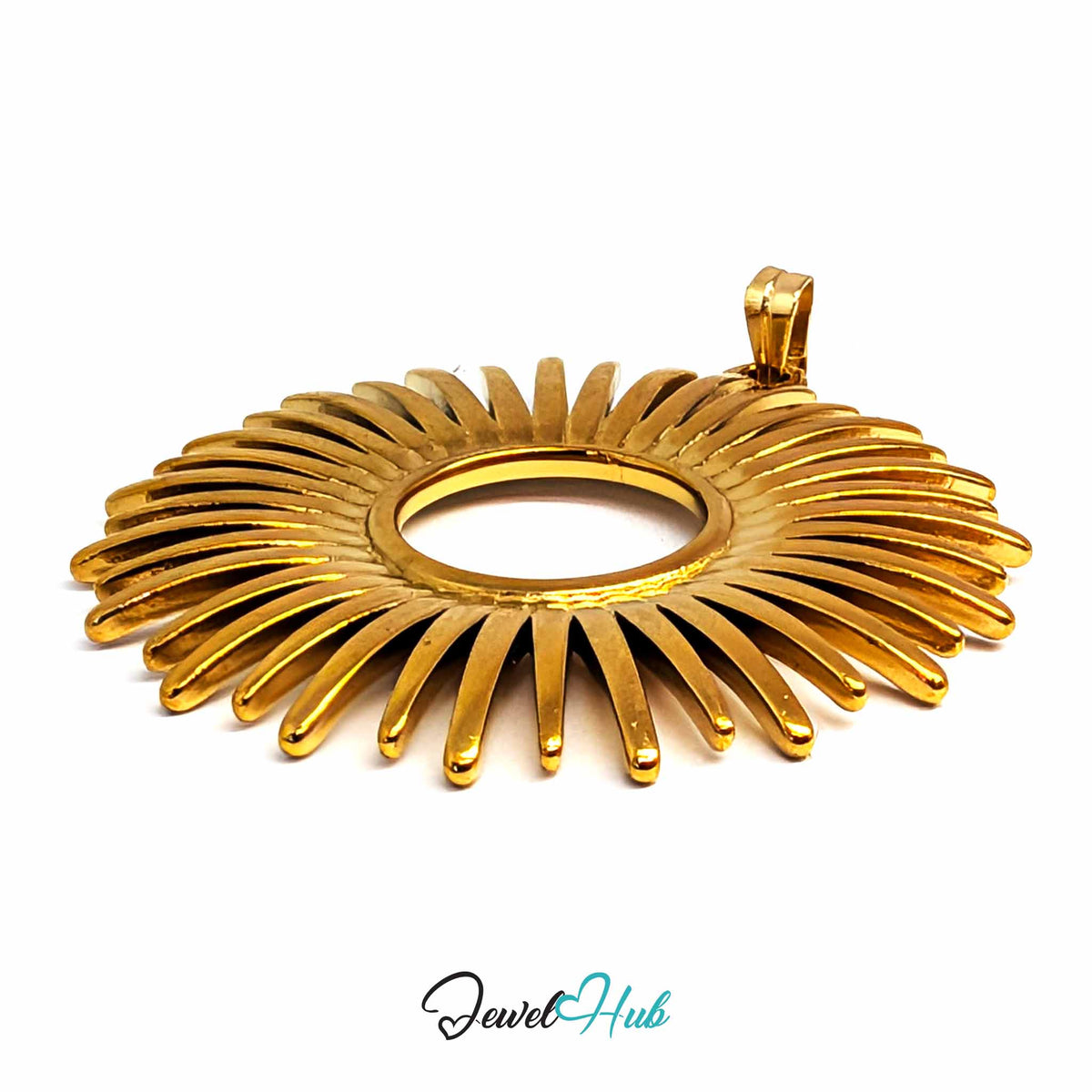 Gold Giant Sun pendant in gold-tone stainless steel - close-up detail - JewelHub
