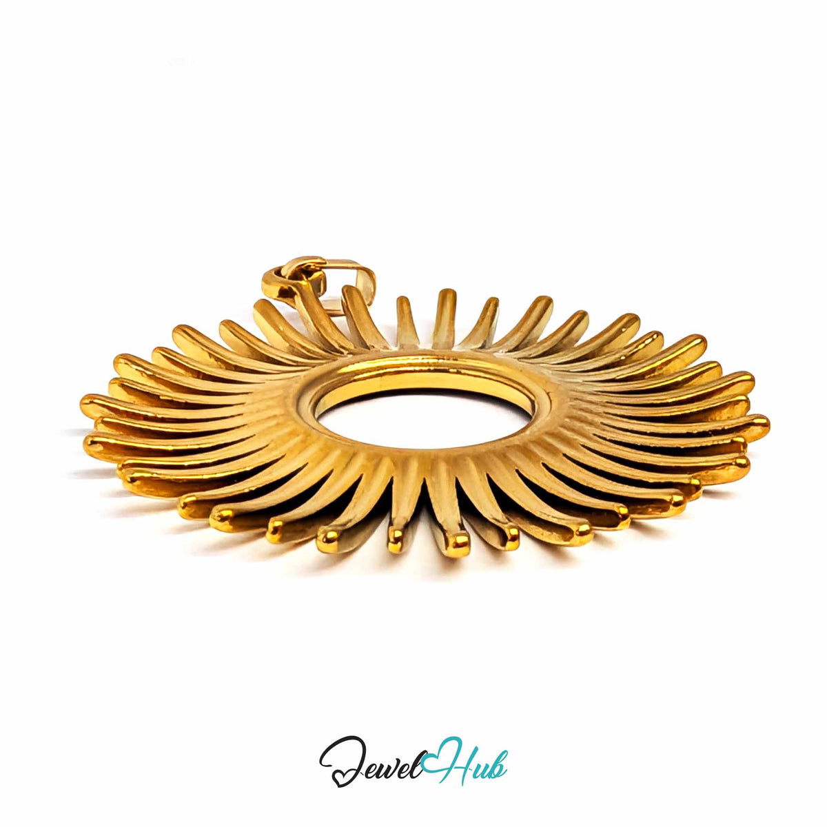 Gold Giant Sun pendant in gold-tone stainless steel - angled close-up - JewelHub