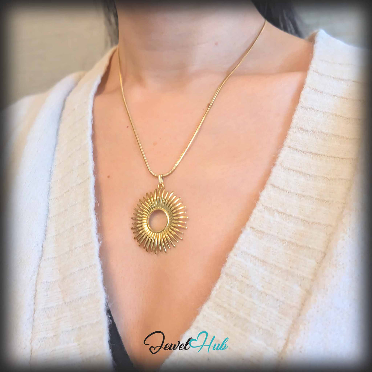 Gold Giant Sun pendant in gold-tone stainless steel - worn on the neck - JewelHub