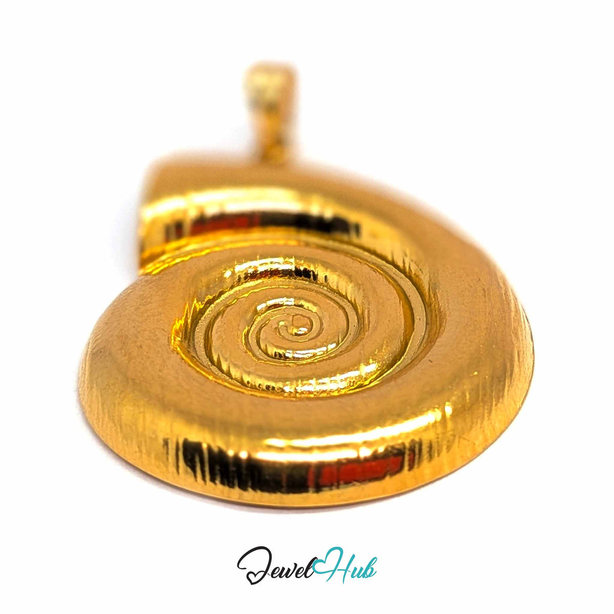 Gold Spiral Shell pendant in gold-tone stainless steel - close-up detail - JewelHub