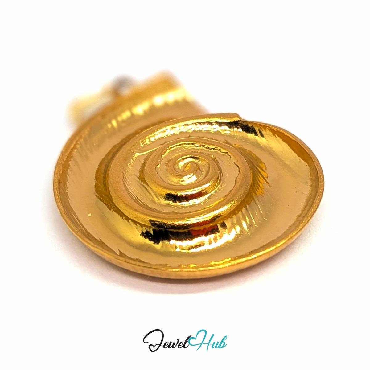 Gold Spiral Shell pendant in gold-tone stainless steel - angled close-up - JewelHub