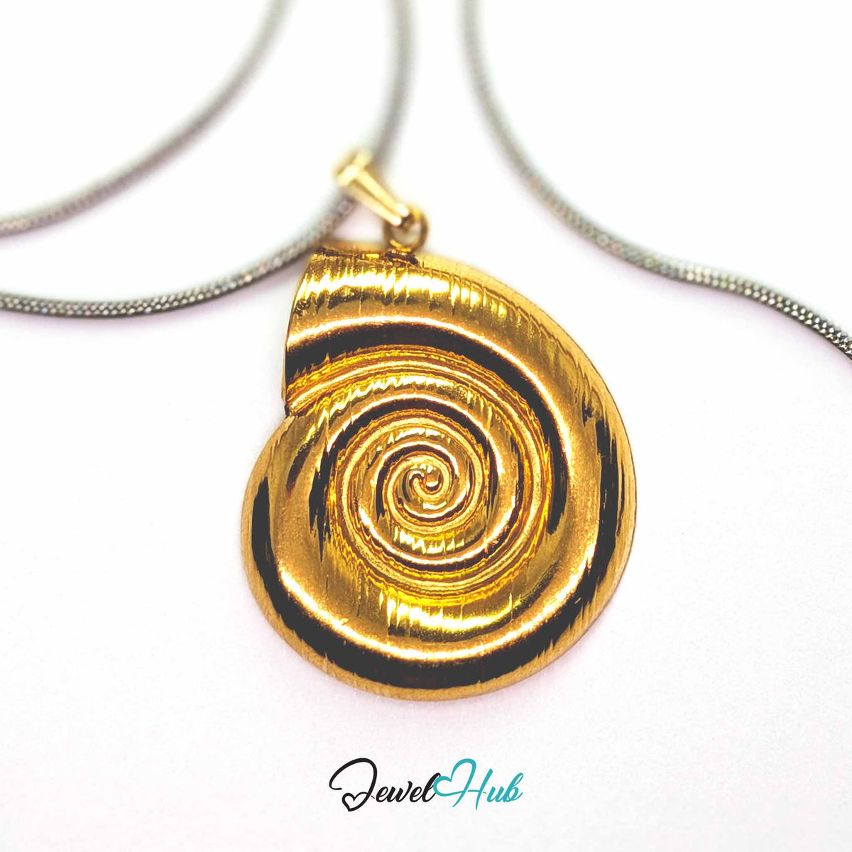Gold Spiral Shell pendant in gold-tone stainless steel - on a silver-tone stainless steel chain - JewelHub