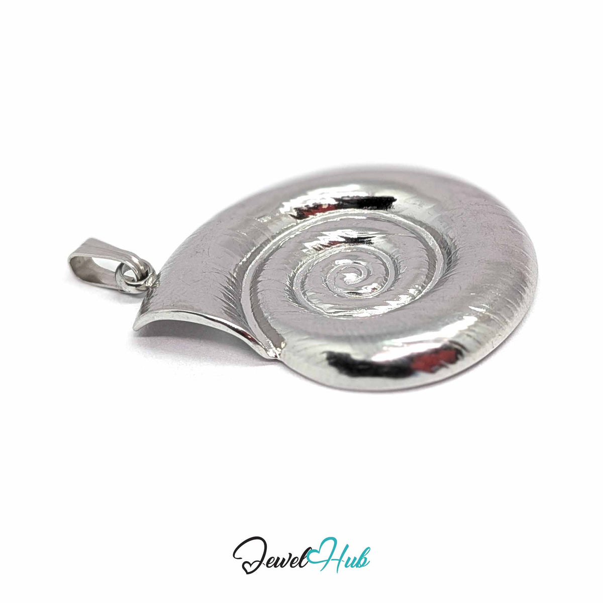 Silver Spiral Shell pendant in silver-tone stainless steel - close-up detail - JewelHub
