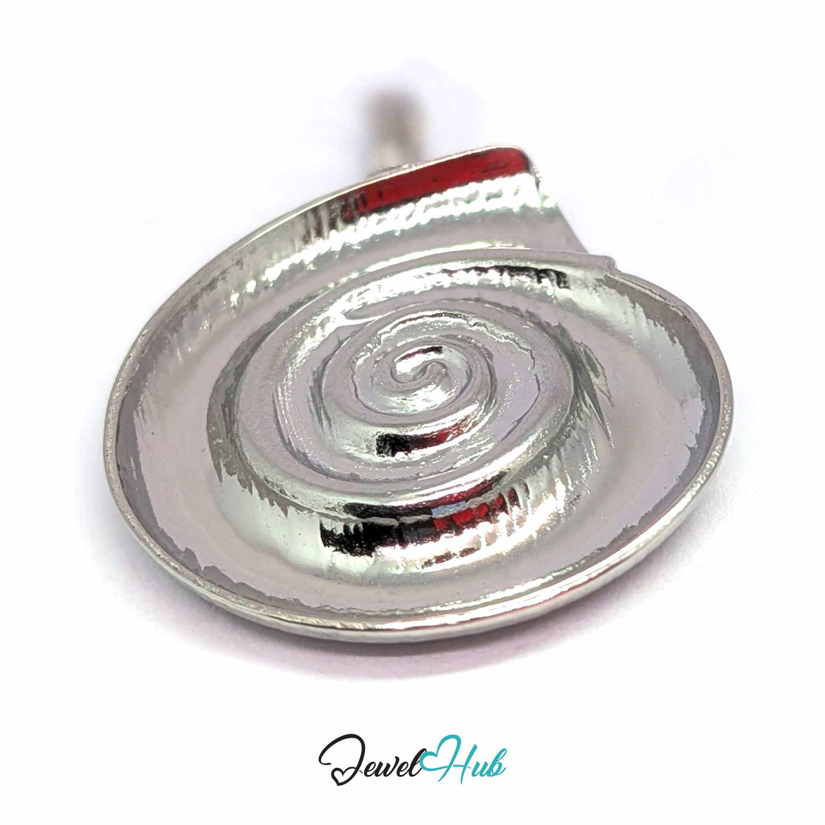 Silver Spiral Shell pendant in silver-tone stainless steel - angled close-up - JewelHub