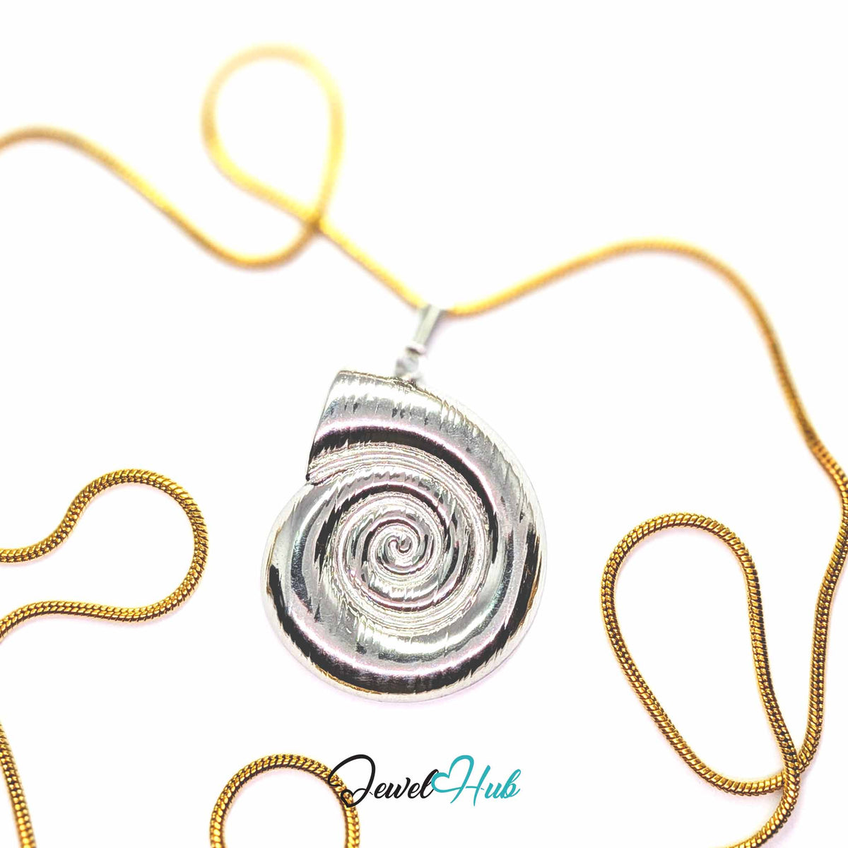 Silver Spiral Shell pendant in silver-tone stainless steel - on a gold-tone stainless steel chain - JewelHub