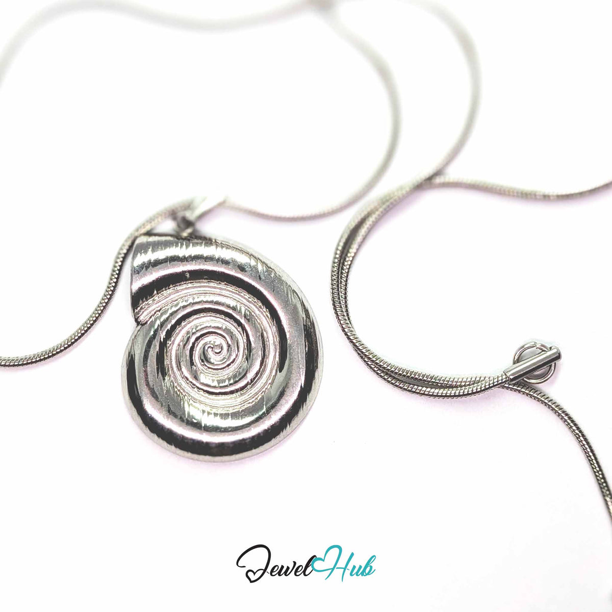 Silver Spiral Shell pendant in silver-tone stainless steel - on a silver-tone stainless steel chain - JewelHub