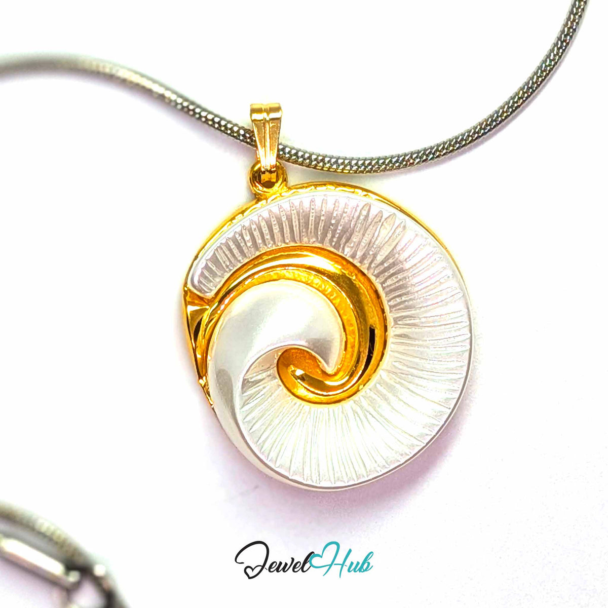 Pearl Spiral Shell pendant in gold-tone stainless steel - on a silver-tone stainless steel chain - JewelHub