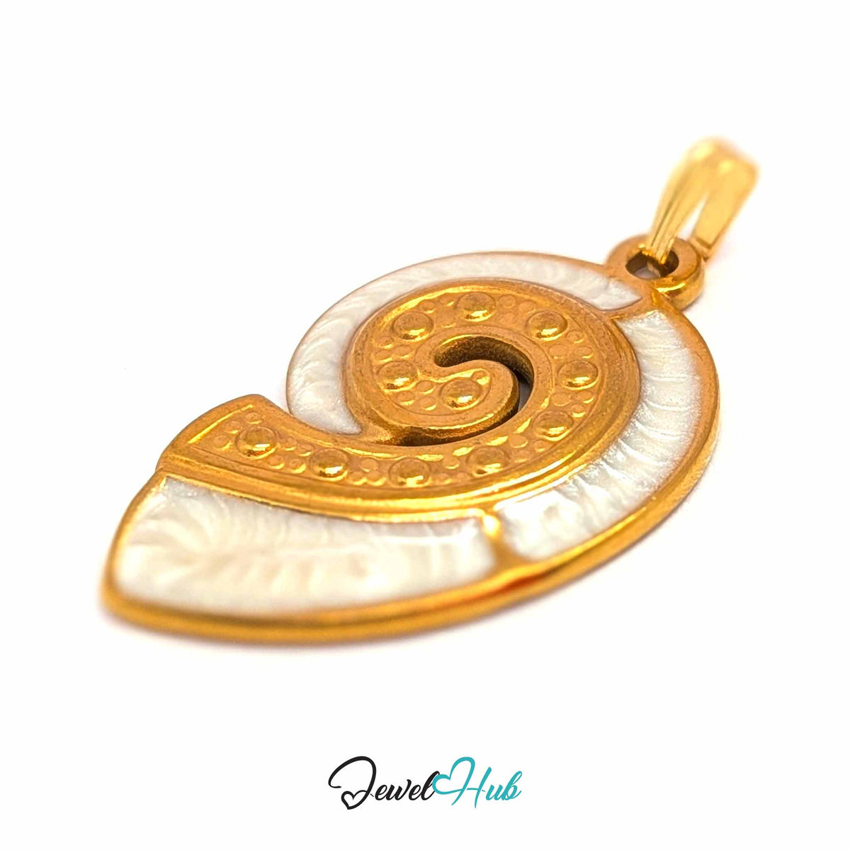 Pearl Nautilus Shell pendant in gold-tone stainless steel - close-up detail - JewelHub