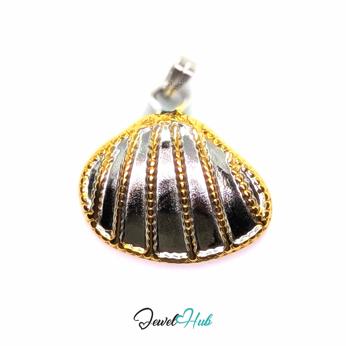A seashell-shaped pendant with a silver-toned center and gold-toned textured borders, shown on a plain white background with a 'JewelHub' watermark at the bottom.