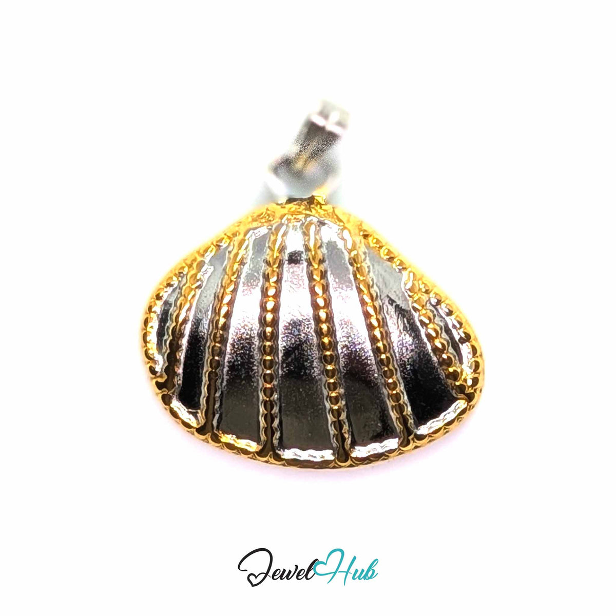 A seashell-shaped pendant with a silver-toned center and gold-toned textured borders, shown on a plain white background with a 'JewelHub' watermark at the bottom.