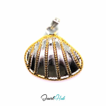 A seashell-shaped pendant with a silver-toned center and gold-toned textured borders, shown on a plain white background with a 'JewelHub' watermark at the bottom.
