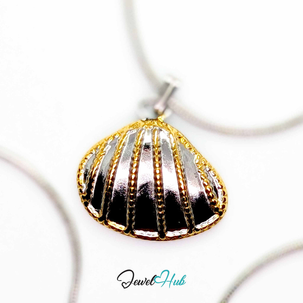 Scallop Shell pendant in DuoTone stainless steel - on a silver-tone stainless steel chain - JewelHub