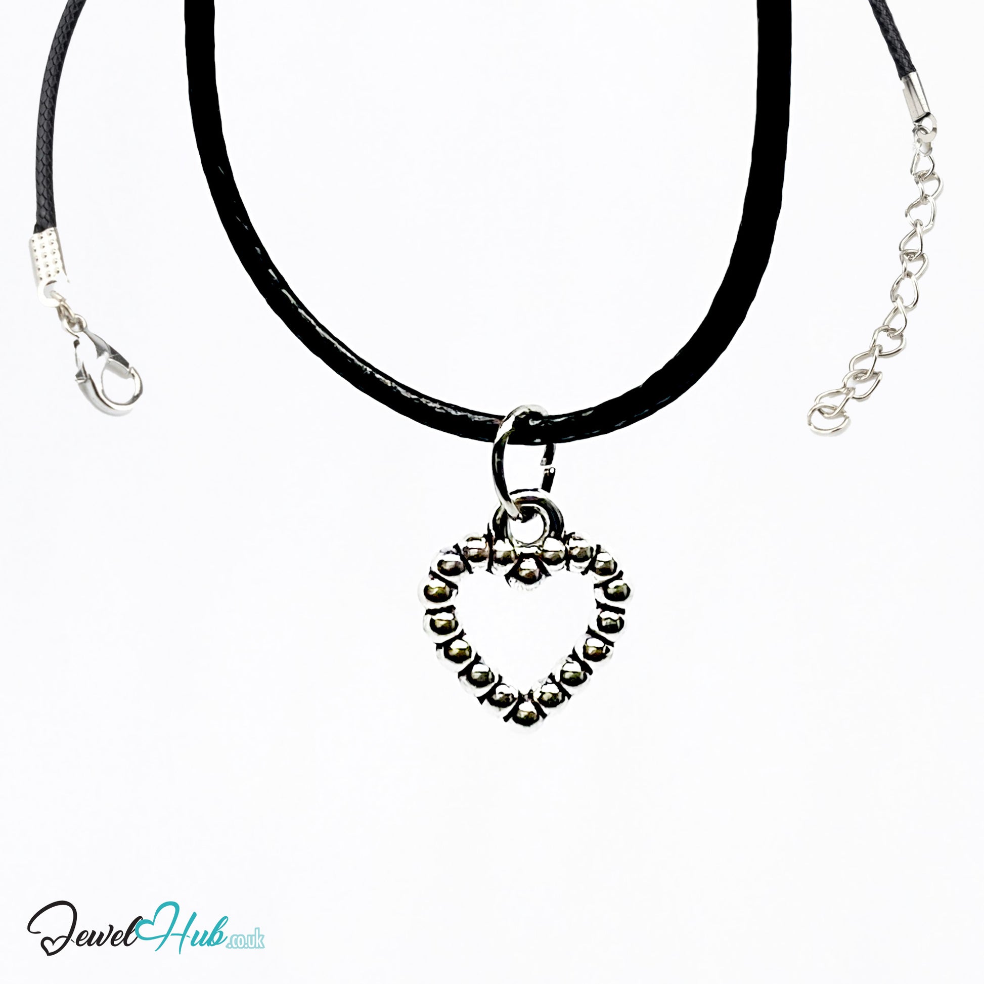 Beaded open heart MiniCharm on a black braided cord with lobster clasp and extender chain