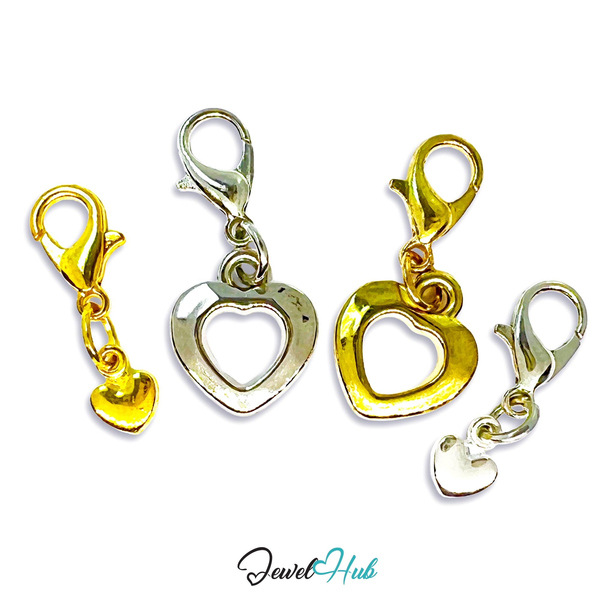 Gold and silver heart-shaped charms with lobster clasps on a white background, branded 'Jewel Hub'.
