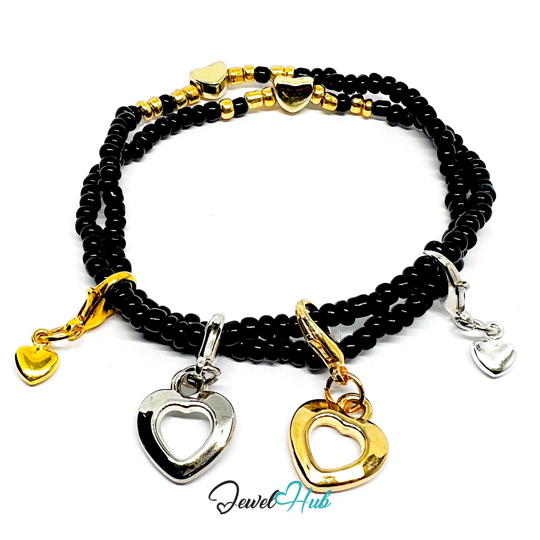 Heart Charm Bracelet Set – Solid & Open Heart Pack (Gold & Silver)