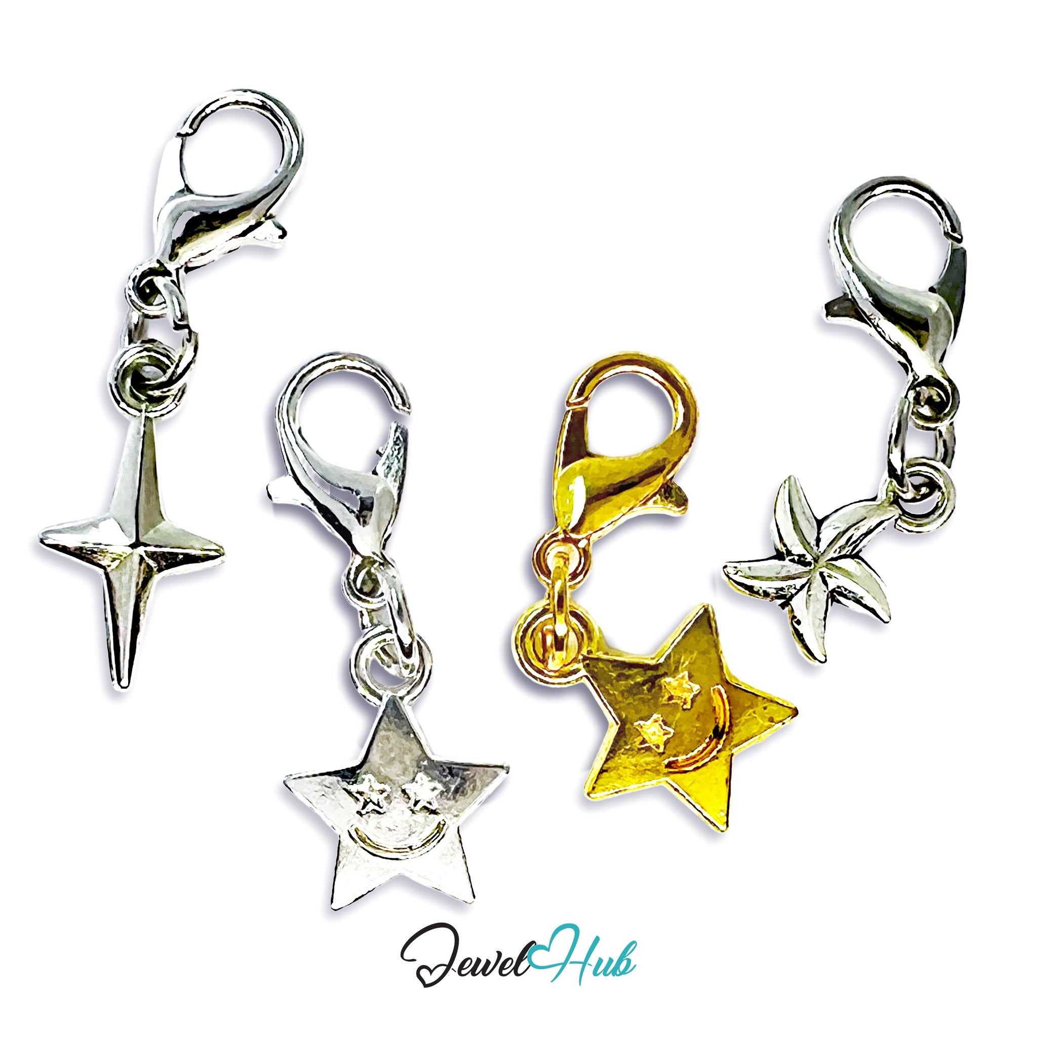 Set of star-shaped charms on clips with 'Jewel Hub' branding.