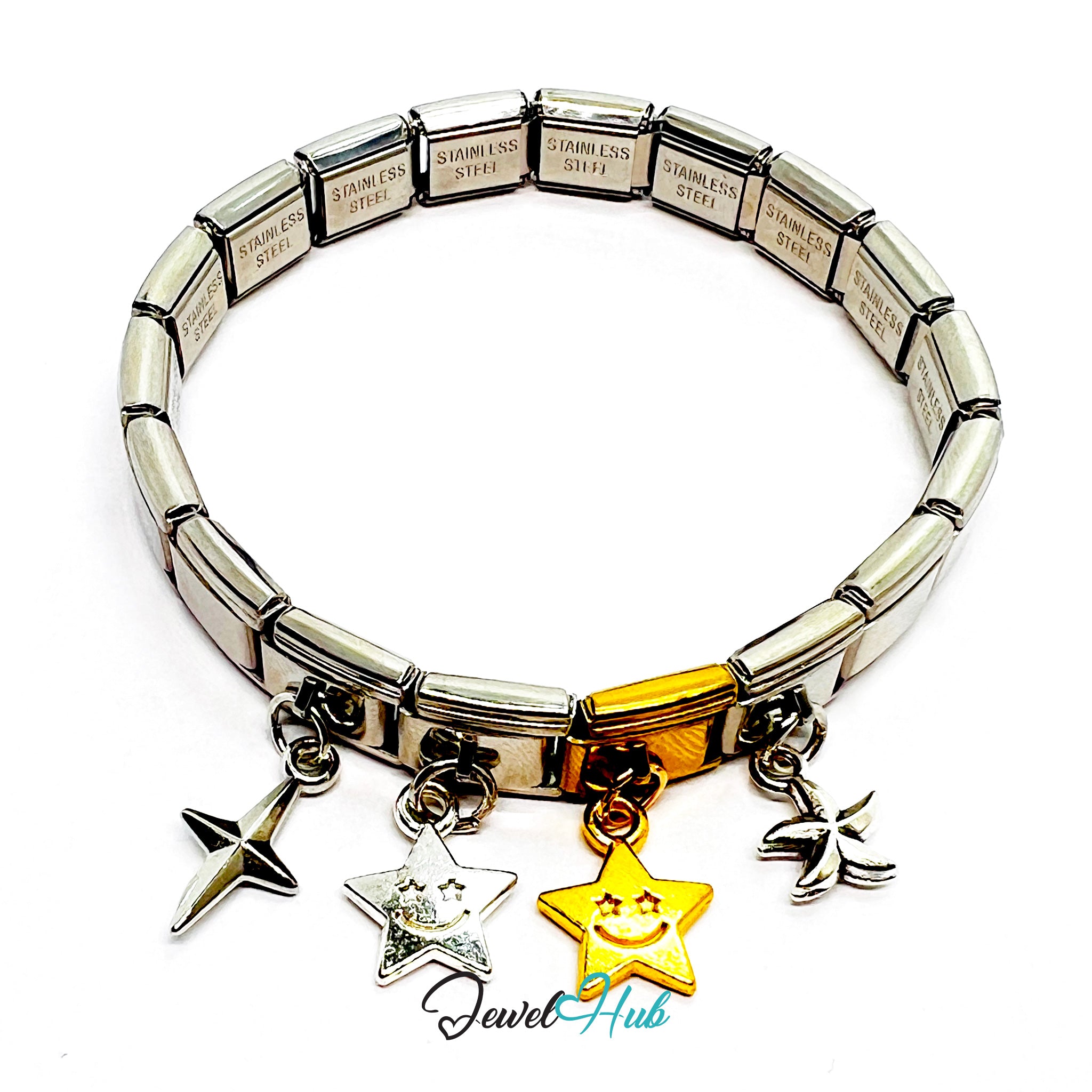 Silver bracelet with star-shaped charms on a white background, featuring 'Jewel Hub' branding.
