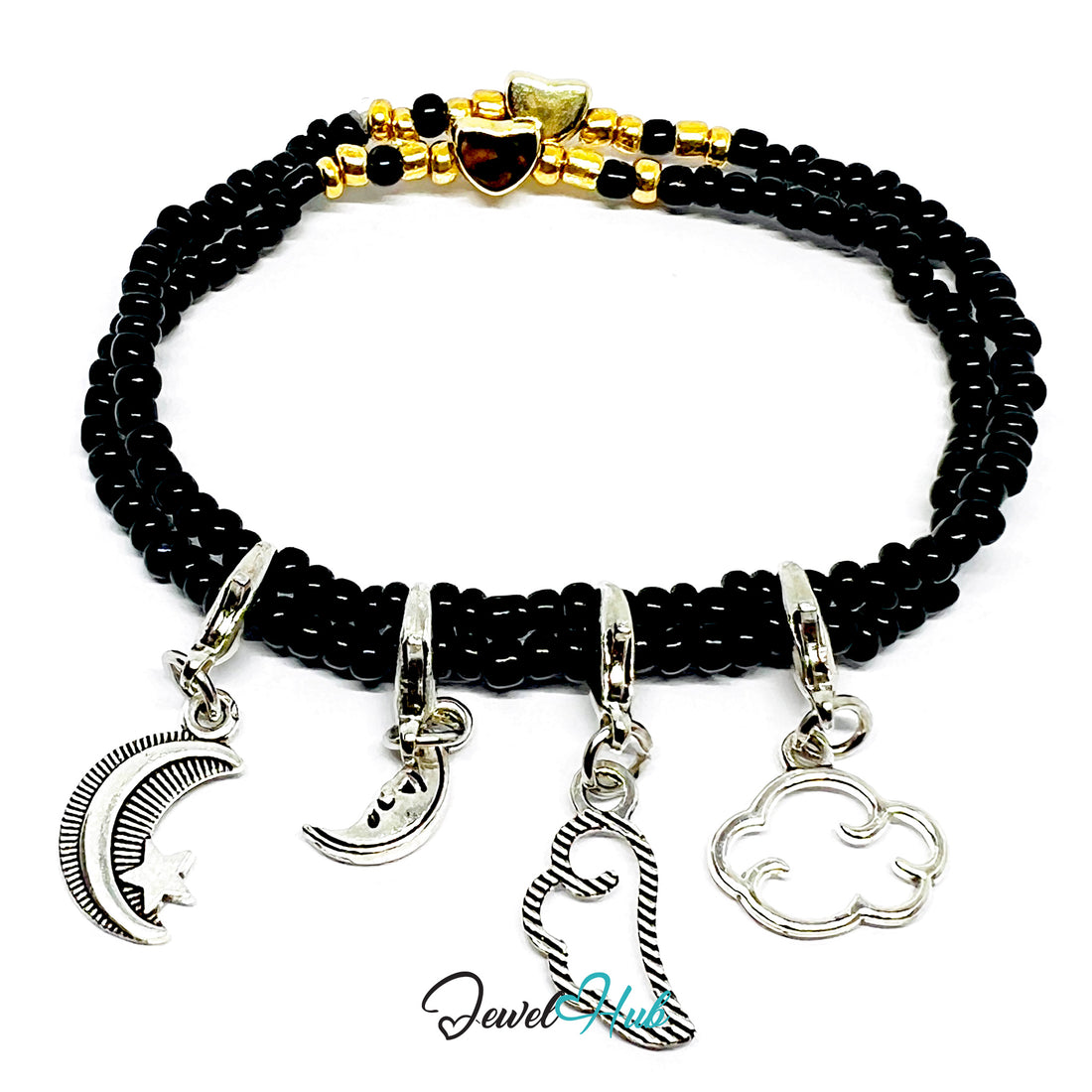 Black beaded bracelet with silver charms on a white background