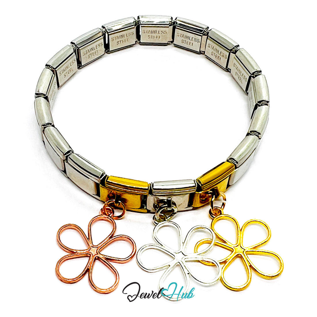Silver bracelet with flower-shaped charms on a white background, branded 'Jewel Hub'.