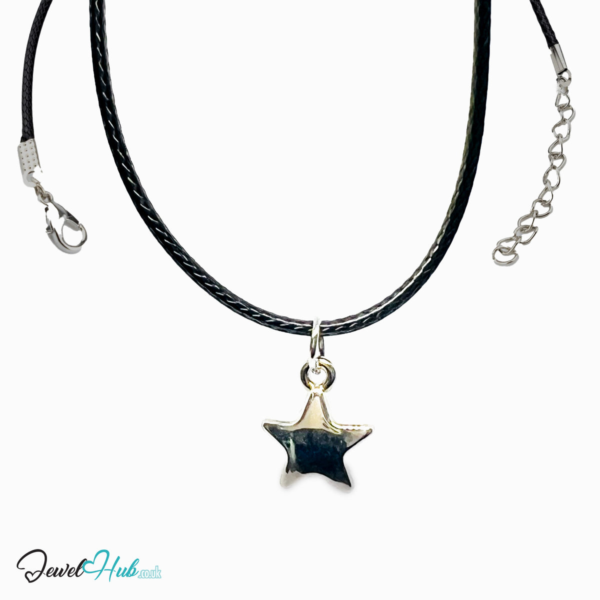 Solid puffed star MiniCharm in silver tone on a black braided cord