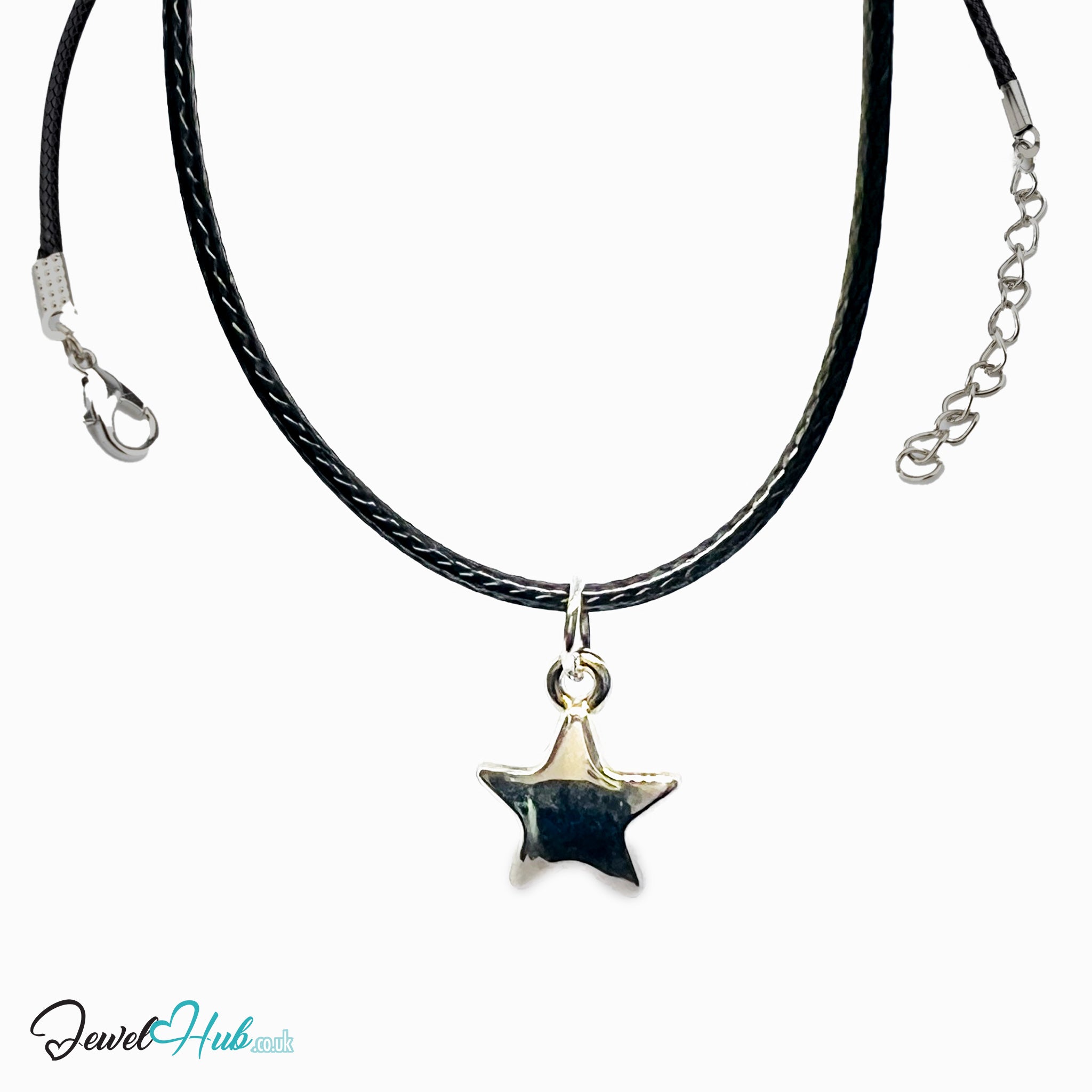 Solid puffed star MiniCharm in silver tone on a black braided cord