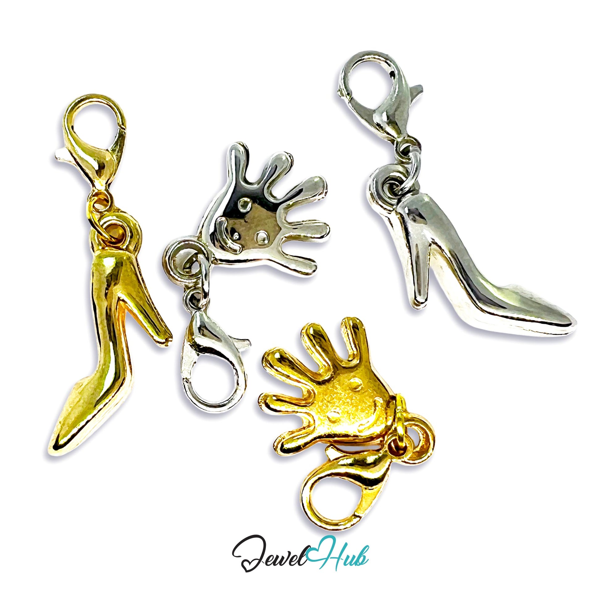 Gold and silver charms shaped like high heels, hands, and shoes on a white background with 'Jewel Hub' branding.