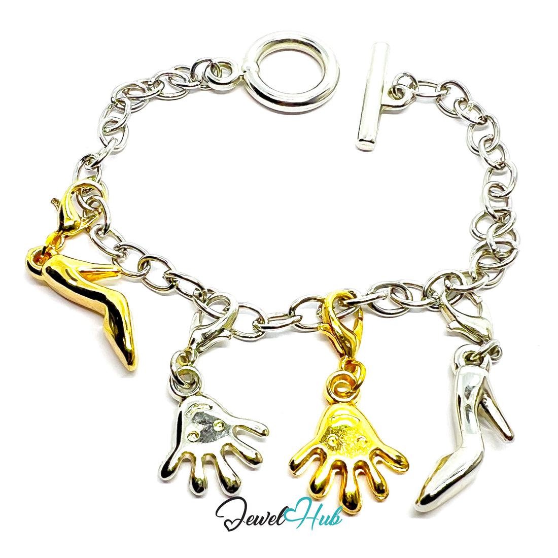 Bracelet with gold and silver charms including a hand, high heel, and another hand on a white background.