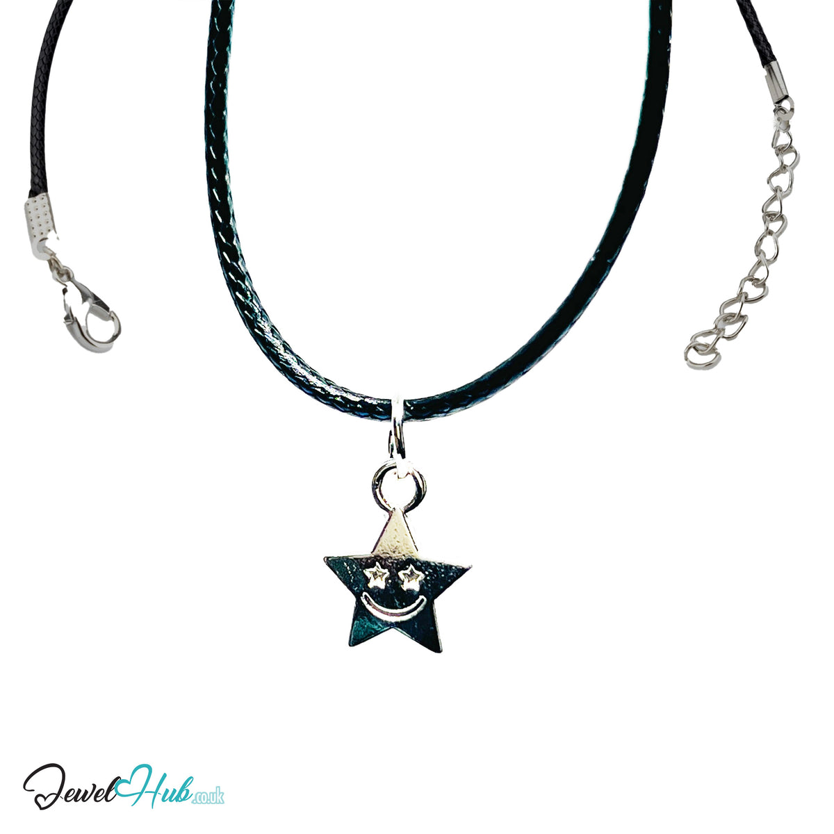 Smiling star MiniCharm in silver tone on a black braided cord