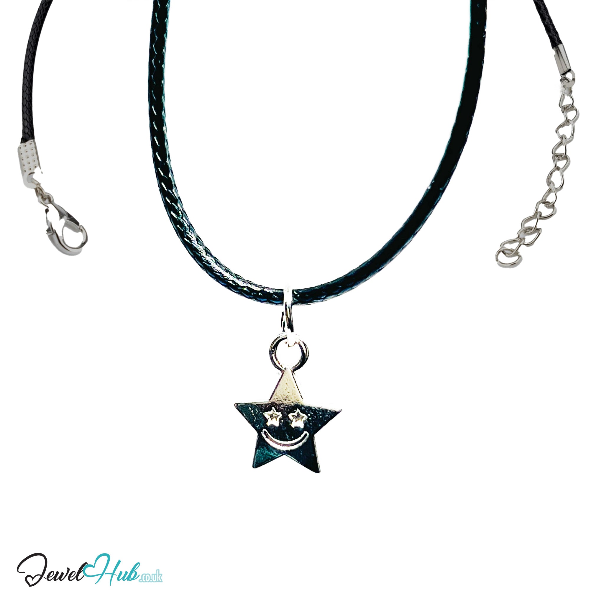 Smiling star MiniCharm in silver tone on a black braided cord