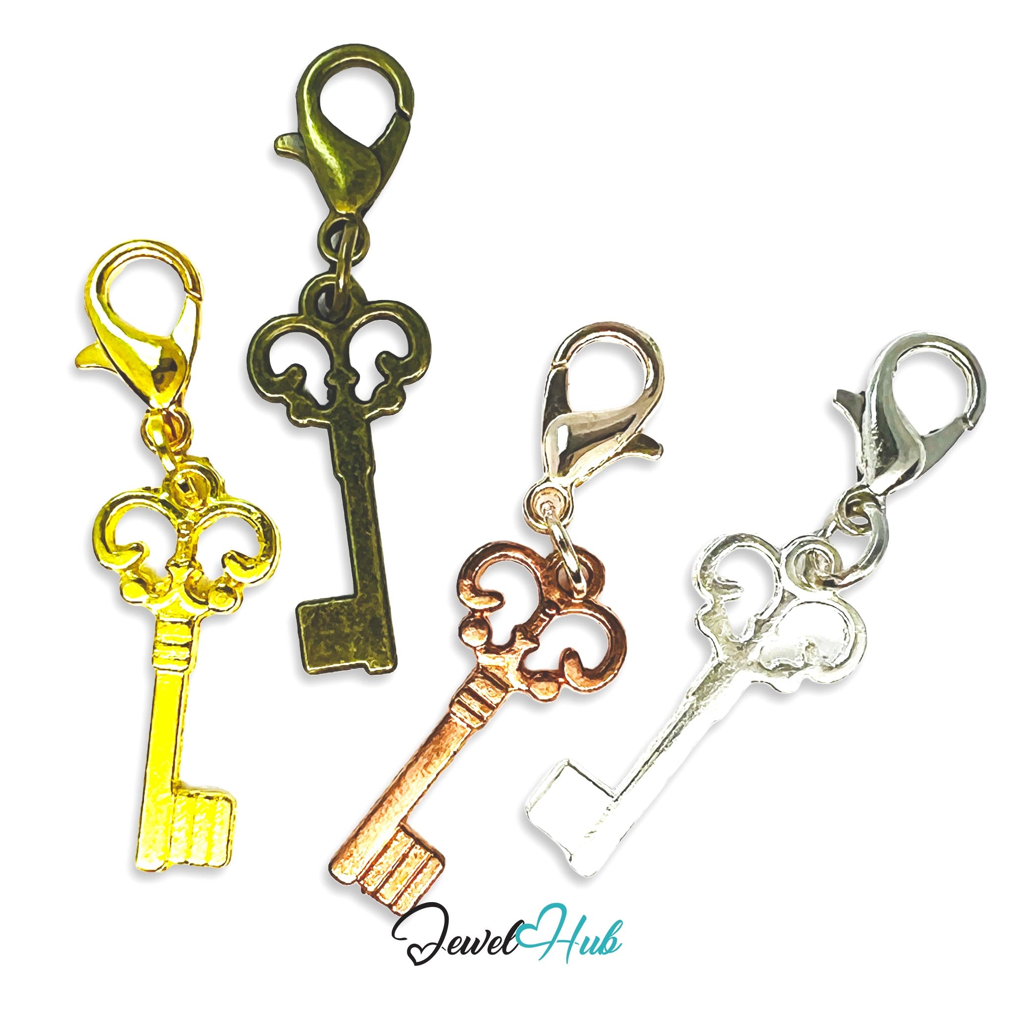 Four key-shaped charms in gold, bronze, copper, and silver on a white background with 'Jewel Hub' branding.