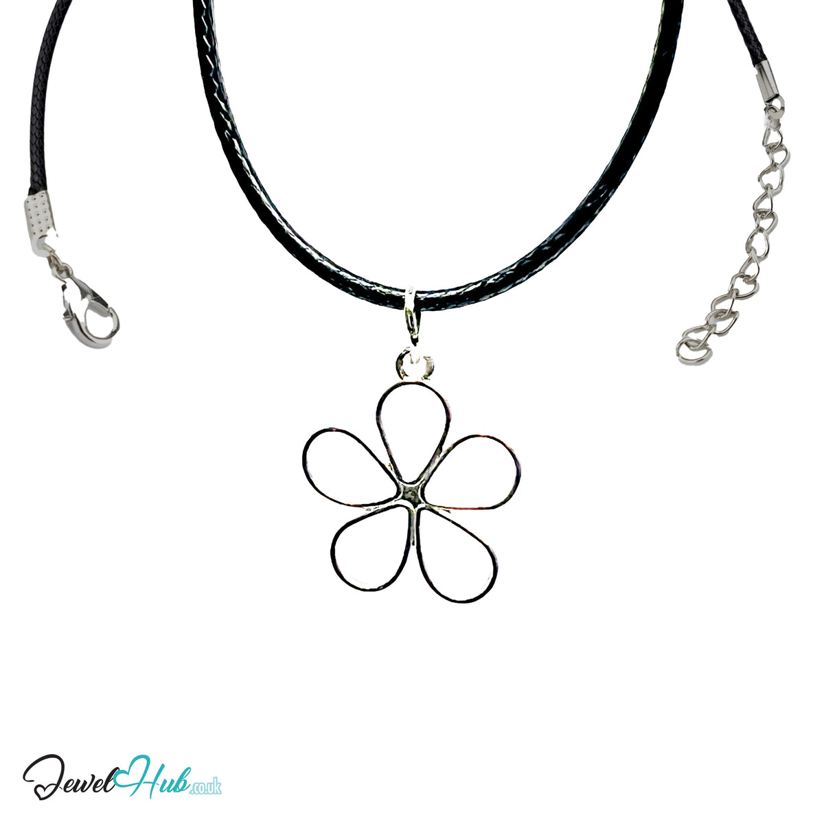 Open five petal flower MiniCharm in silver tone on a black braided cord