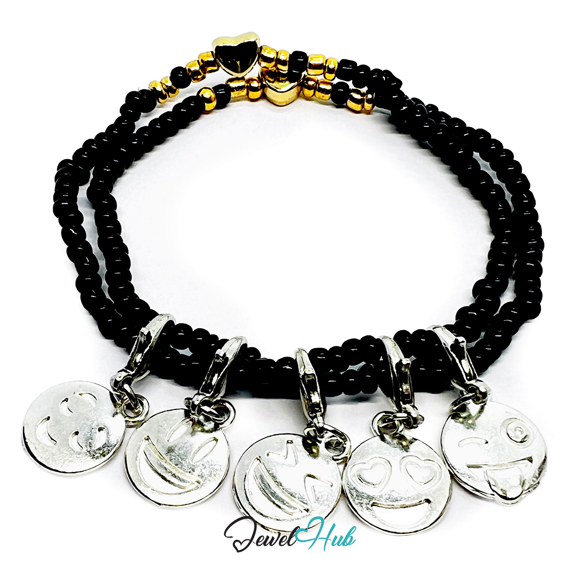 Black beaded bracelet with silver charm pendants on a white background, branded 'Jewel Hub'.